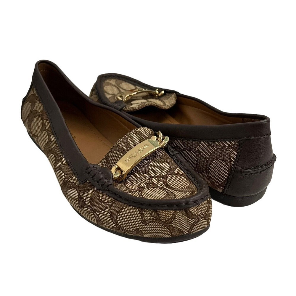 Coach Signature Jacquard Womens Size 7B Olive Tan Brown Slip On Loafer